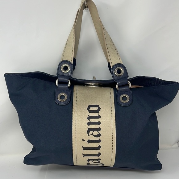 John Galliano Navy Beige Large Turnlock Large Nylon Tote - Picture 1 of 15